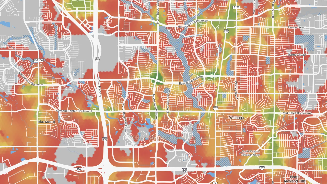 Walk Grade map of 76137, TX, walkable areas in green and car-dependent areas in red