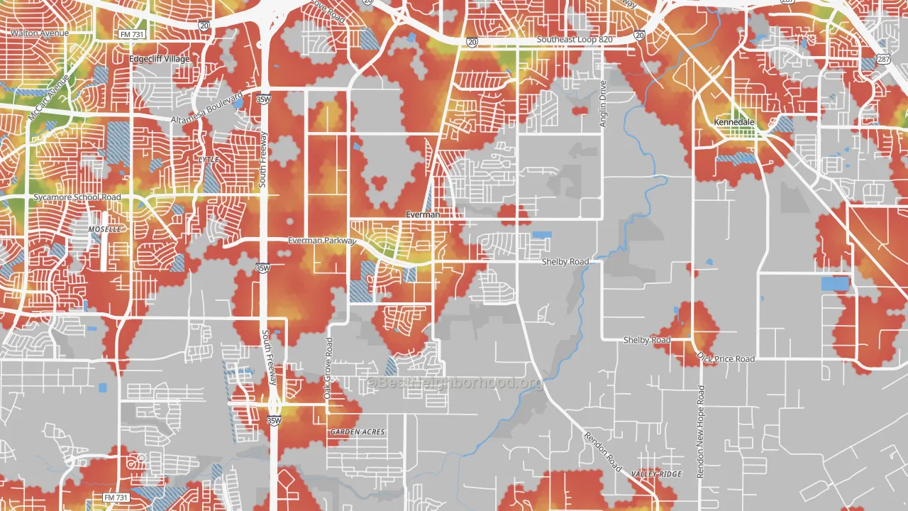 Walk Grade map of 76140, TX, walkable areas in green and car-dependent areas in red