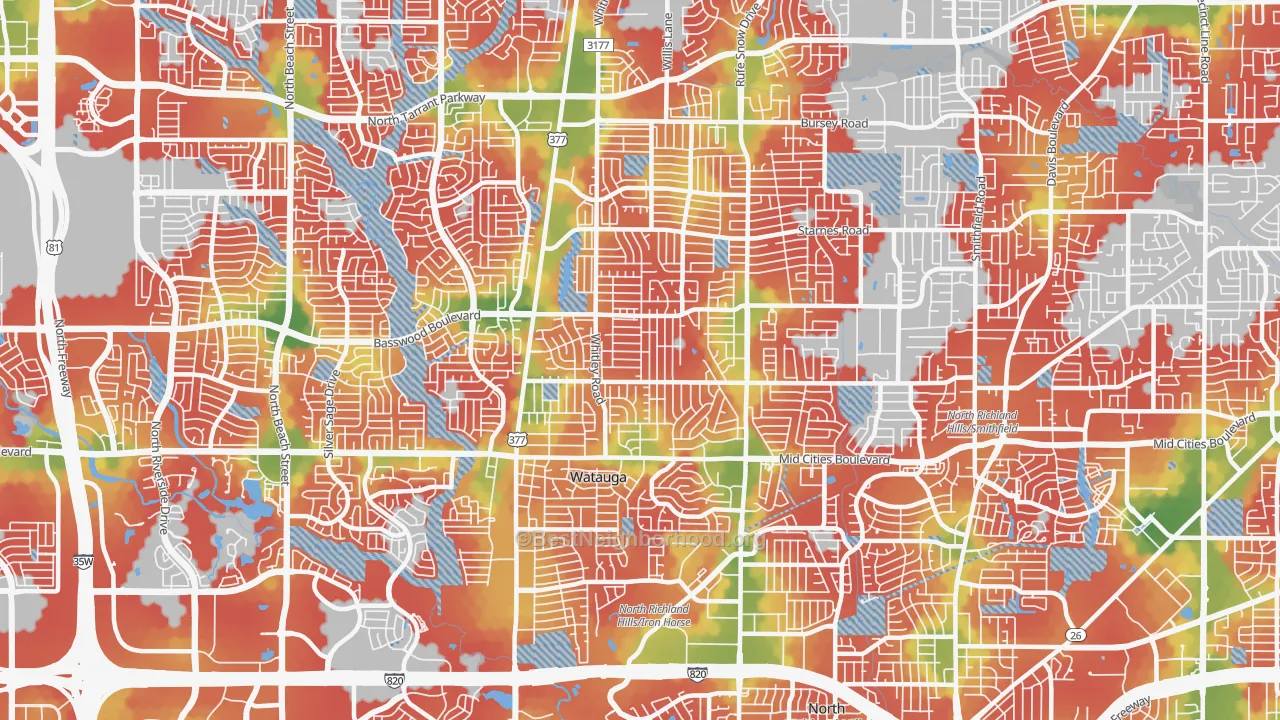 Walk Grade map of 76148, TX, walkable areas in green and car-dependent areas in red