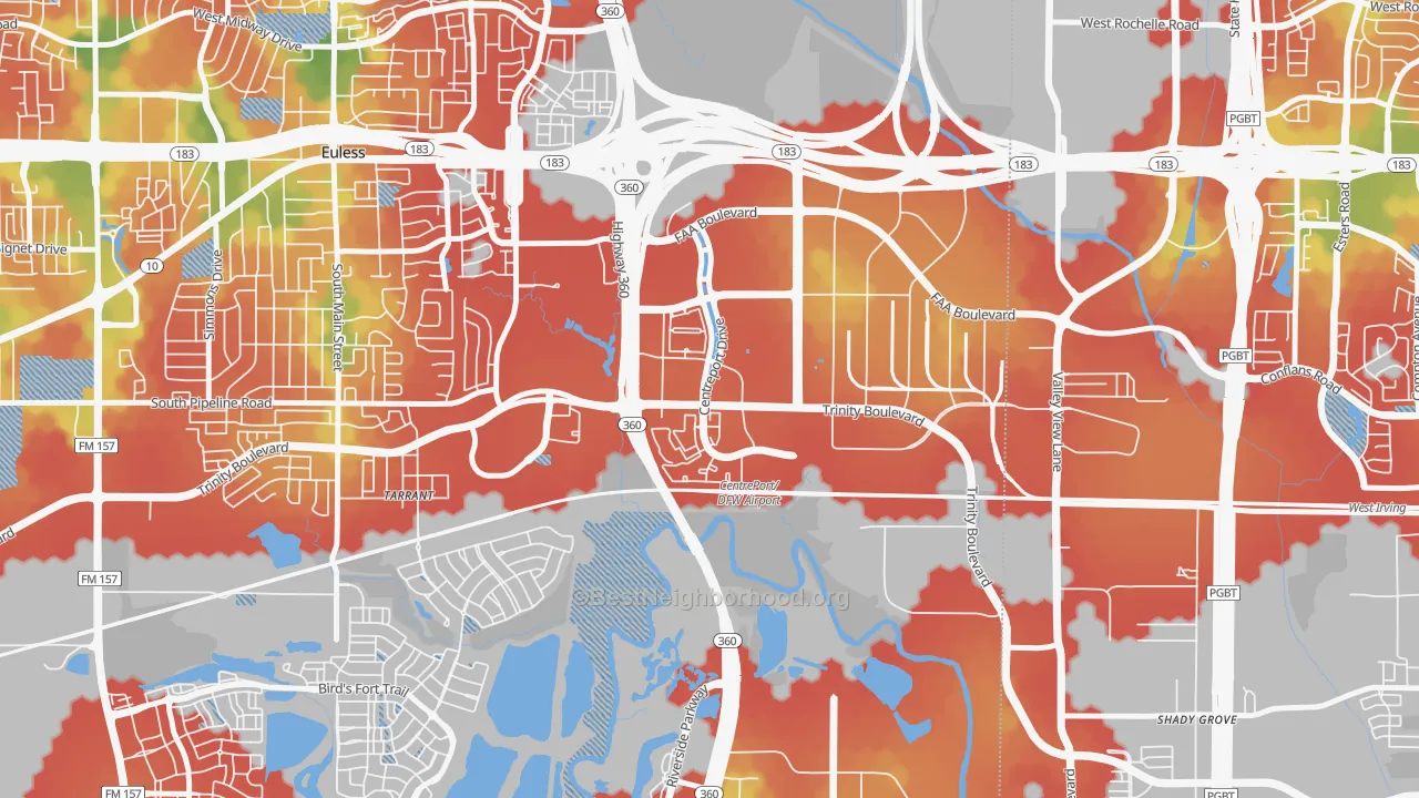 Walk Grade map of 76155, TX, walkable areas in green and car-dependent areas in red