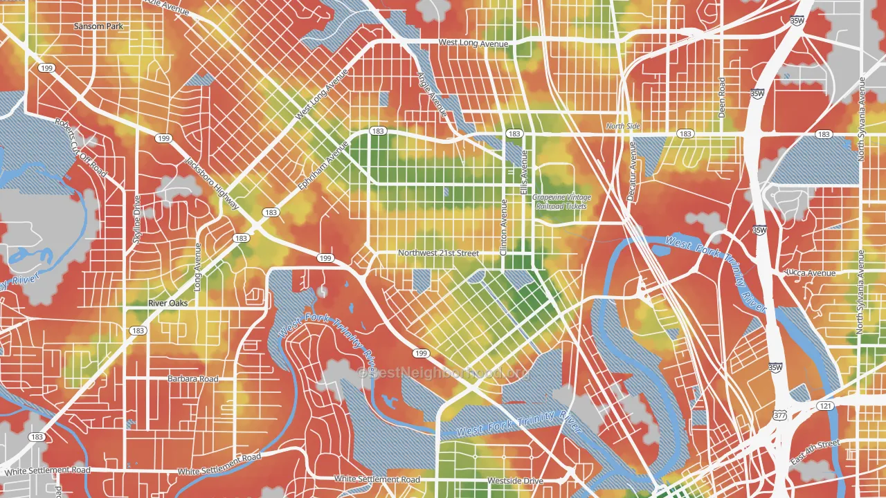 Walk Grade map of 76164, TX, walkable areas in green and car-dependent areas in red
