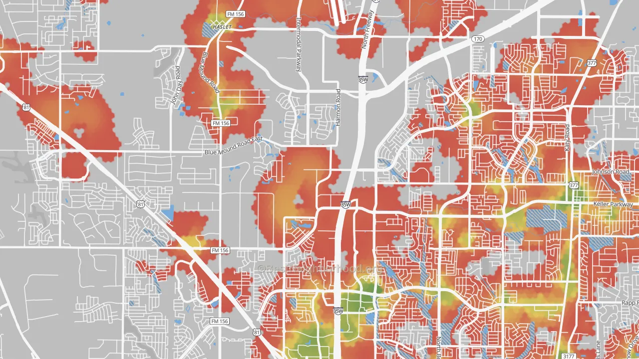 Walk Grade map of 76177, TX, walkable areas in green and car-dependent areas in red