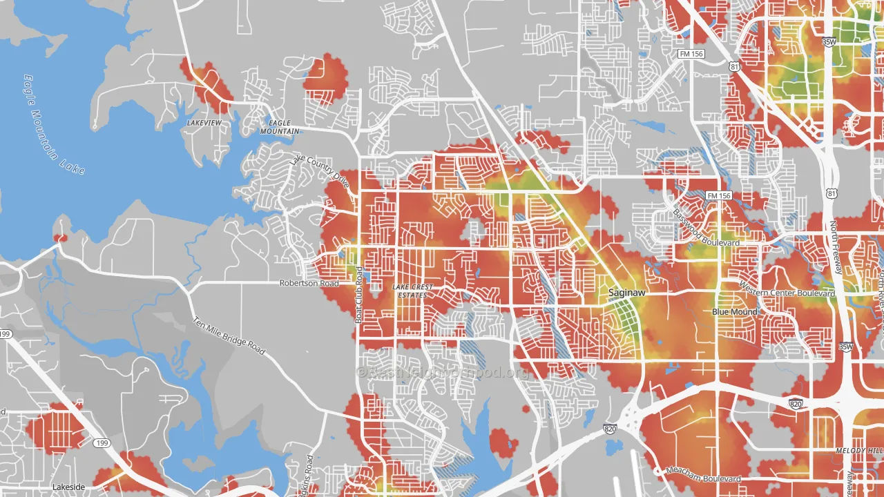 Walk Grade map of 76179, TX, walkable areas in green and car-dependent areas in red
