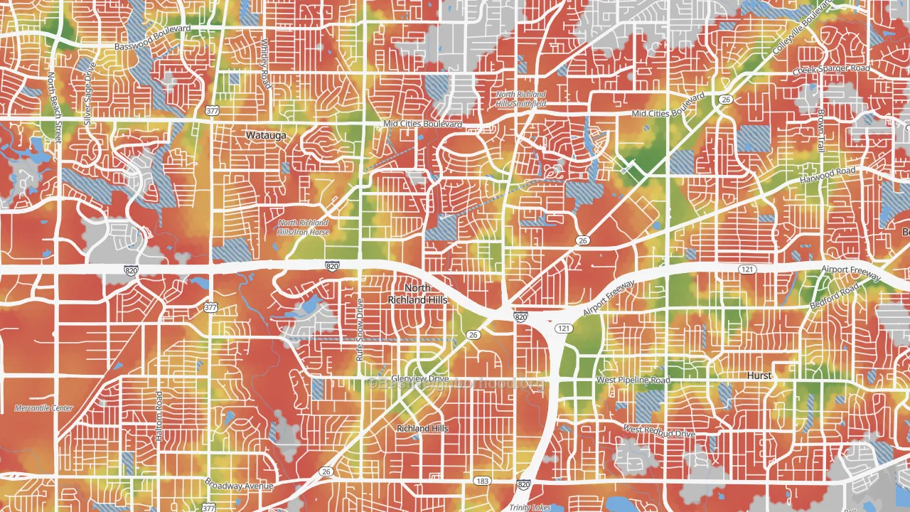 Walk Grade map of 76180, TX, walkable areas in green and car-dependent areas in red