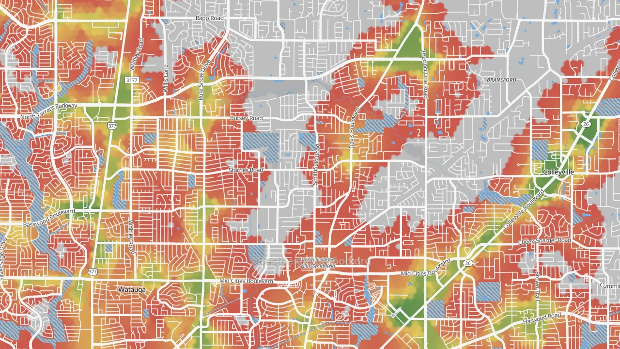 Walk Grade map of 76182, TX, walkable areas in green and car-dependent areas in red