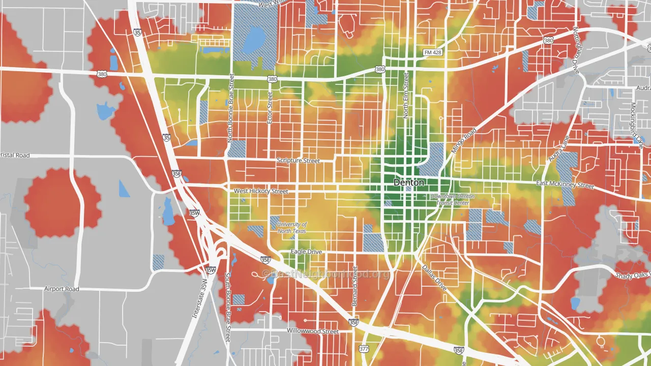 Walk Grade map of 76201, TX, walkable areas in green and car-dependent areas in red