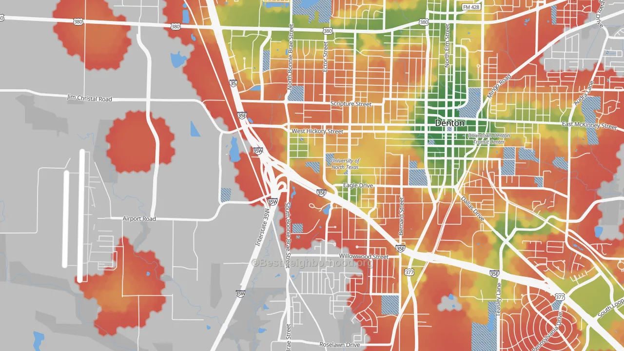 Walk Grade map of 76203, TX, walkable areas in green and car-dependent areas in red