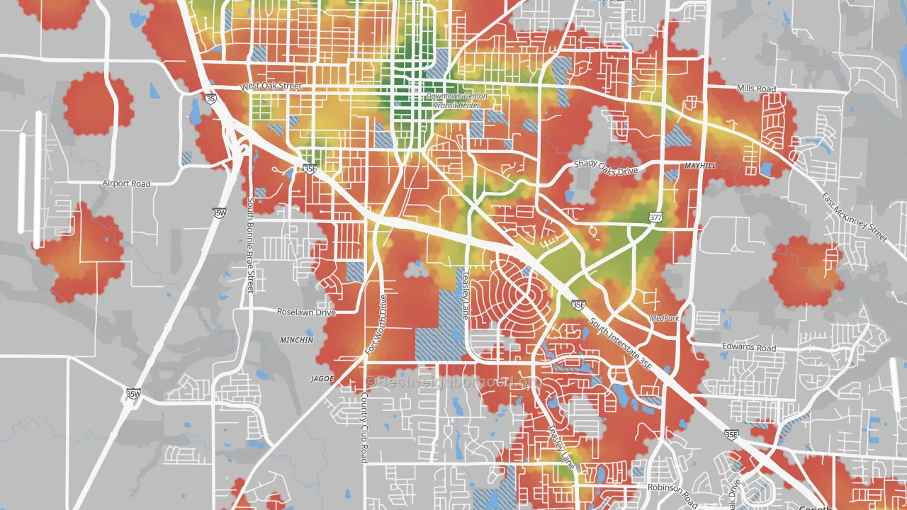 Walk Grade map of 76205, TX, walkable areas in green and car-dependent areas in red