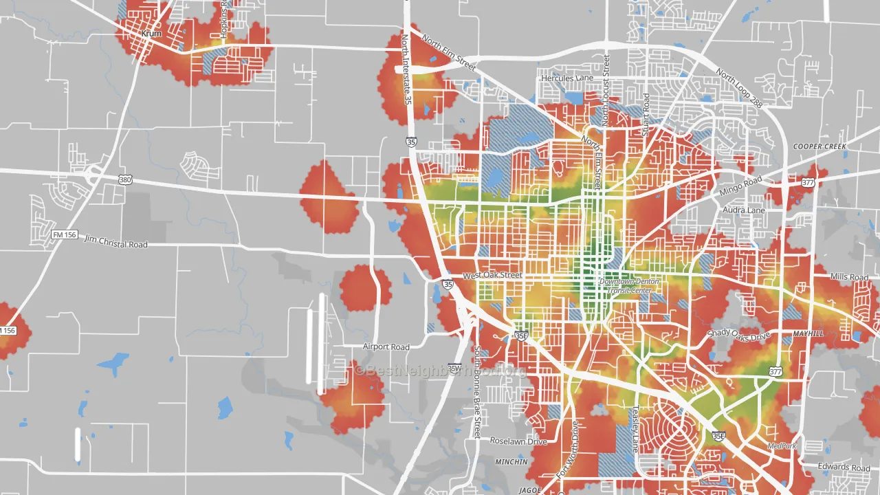 Walk Grade map of 76207, TX, walkable areas in green and car-dependent areas in red