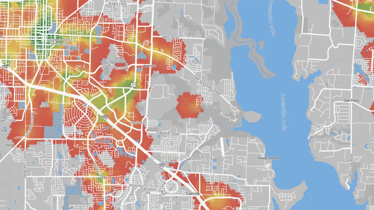 Walk Grade map of 76208, TX, walkable areas in green and car-dependent areas in red