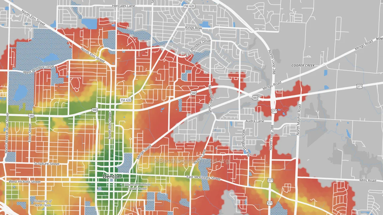 Walk Grade map of 76209, TX, walkable areas in green and car-dependent areas in red