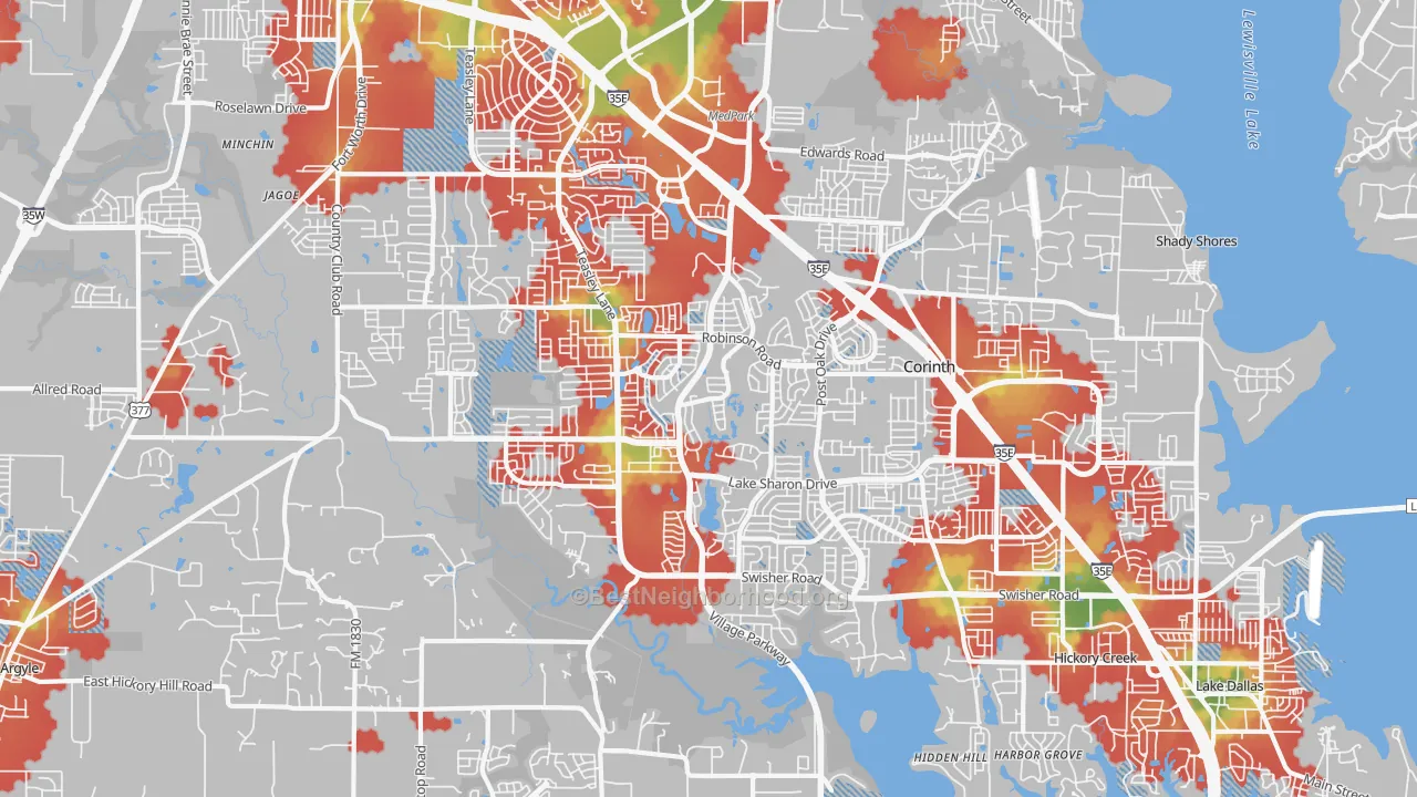 Walk Grade map of 76210, TX, walkable areas in green and car-dependent areas in red