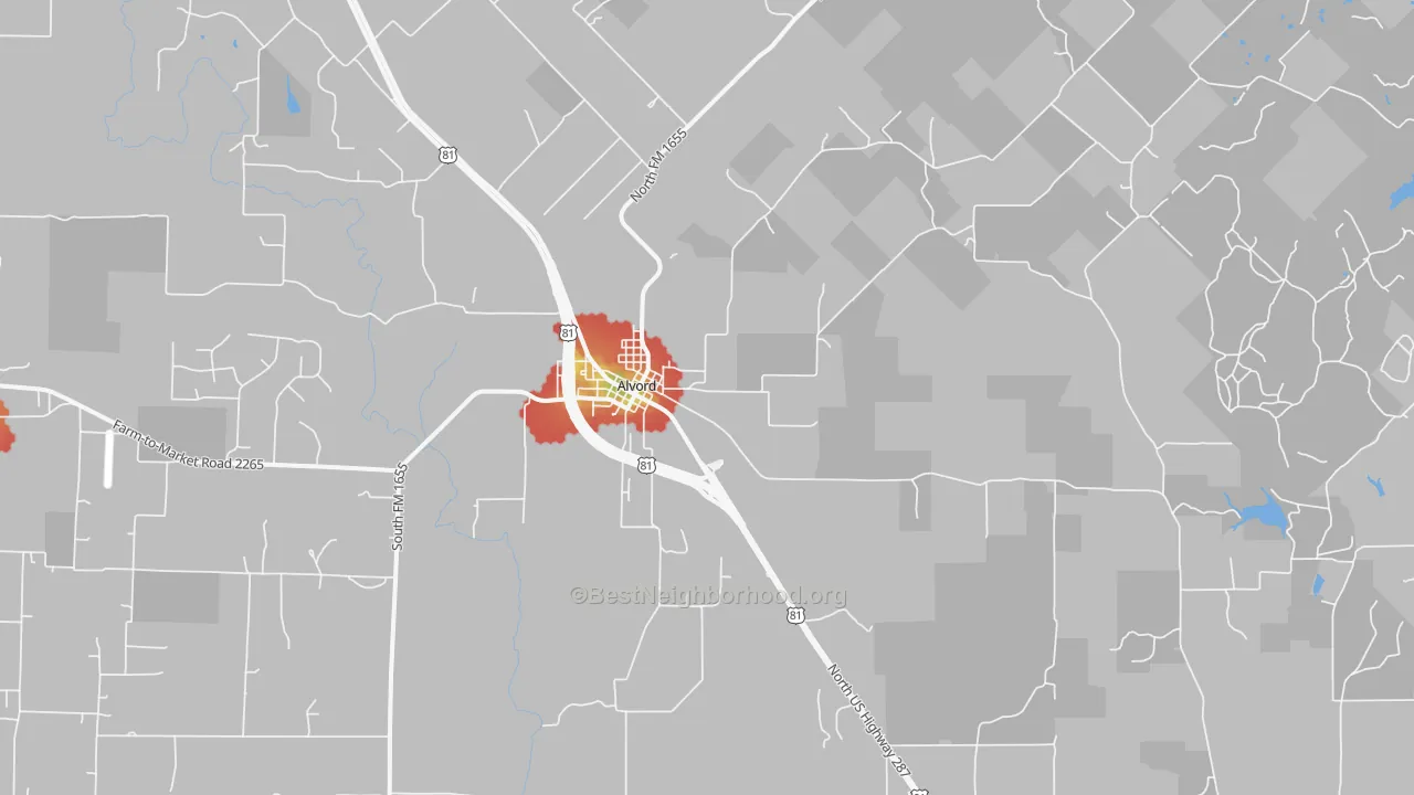 Walk Grade map of 76225, TX, walkable areas in green and car-dependent areas in red