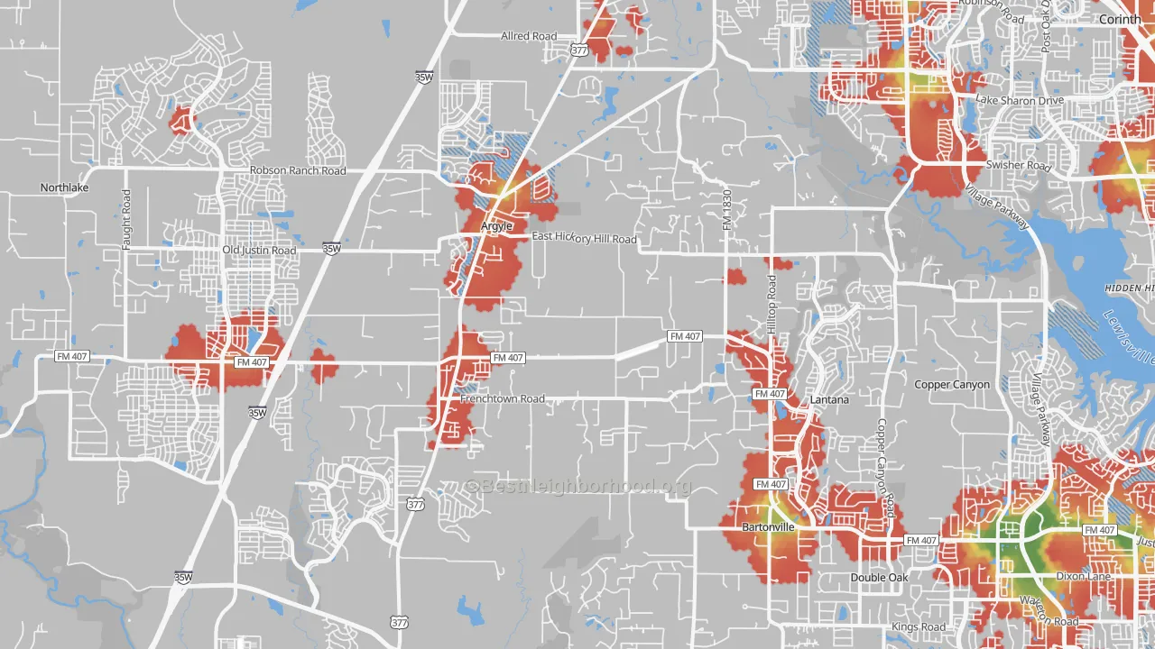 Walk Grade map of 76226, TX, walkable areas in green and car-dependent areas in red