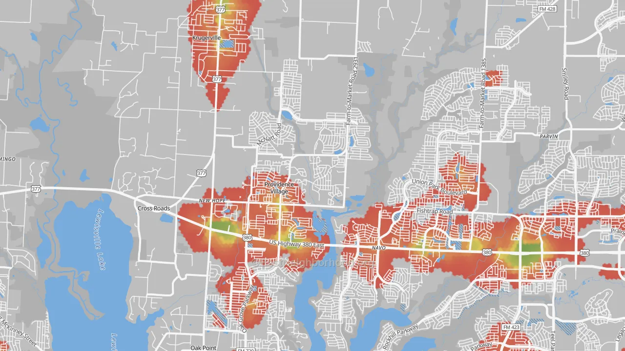 Walk Grade map of 76227, TX, walkable areas in green and car-dependent areas in red