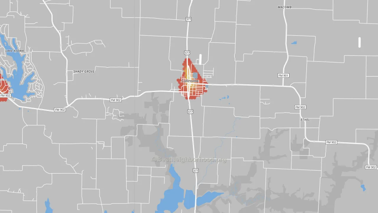 Walk Grade map of 76233, TX, walkable areas in green and car-dependent areas in red