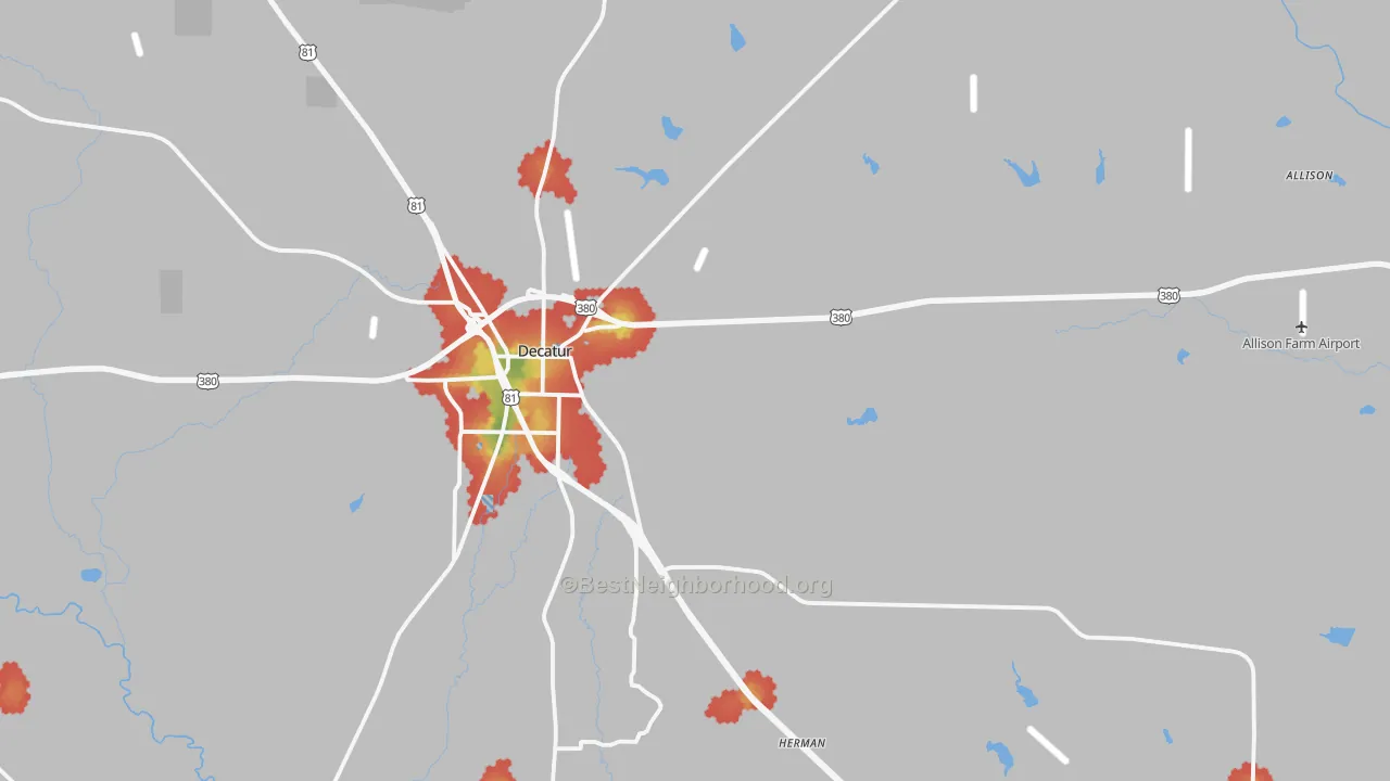 Walk Grade map of 76234, TX, walkable areas in green and car-dependent areas in red