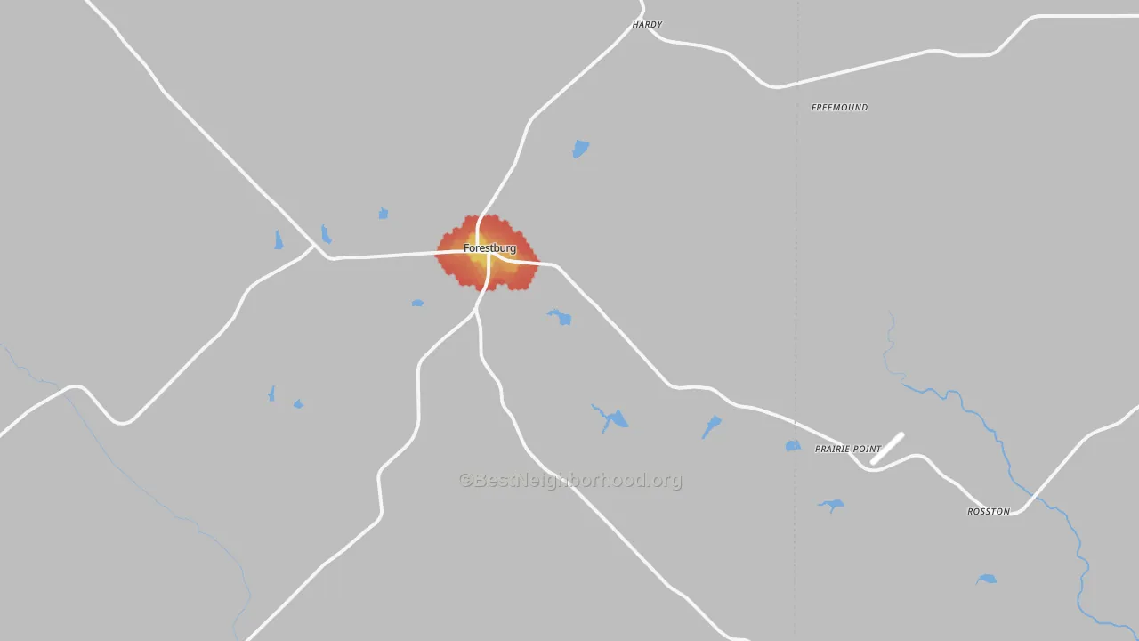 Walk Grade map of 76239, TX, walkable areas in green and car-dependent areas in red