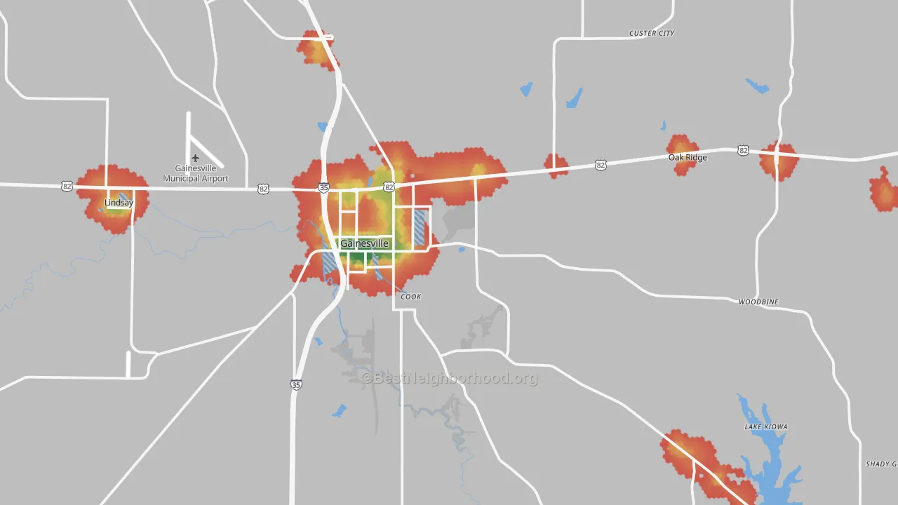 Walk Grade map of 76240, TX, walkable areas in green and car-dependent areas in red