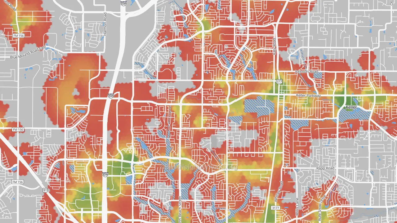 Walk Grade map of 76244, TX, walkable areas in green and car-dependent areas in red