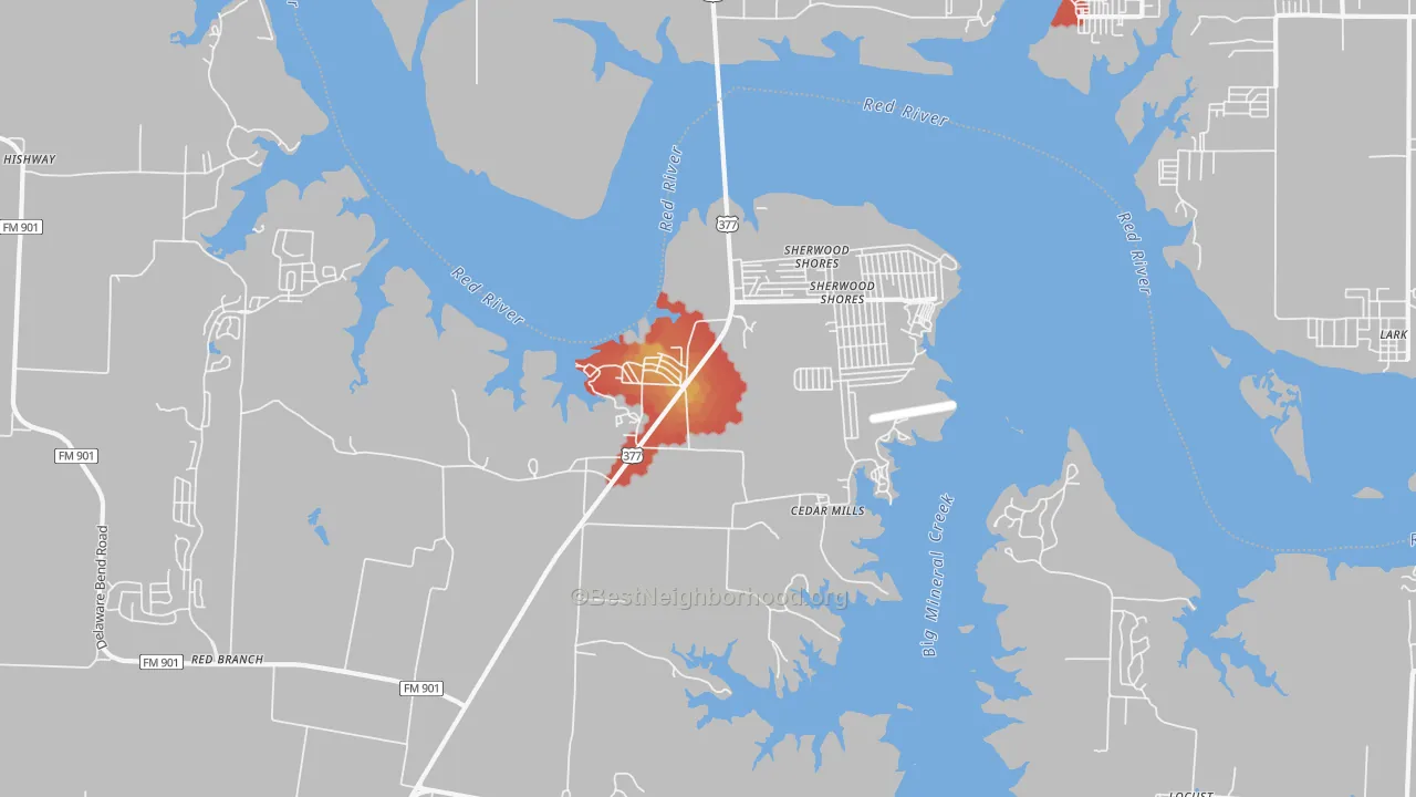 Walk Grade map of 76245, TX, walkable areas in green and car-dependent areas in red