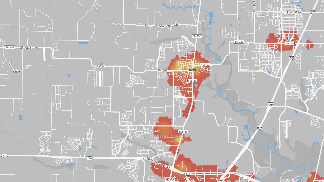 Walk Grade map of 76247, TX, walkable areas in green and car-dependent areas in red