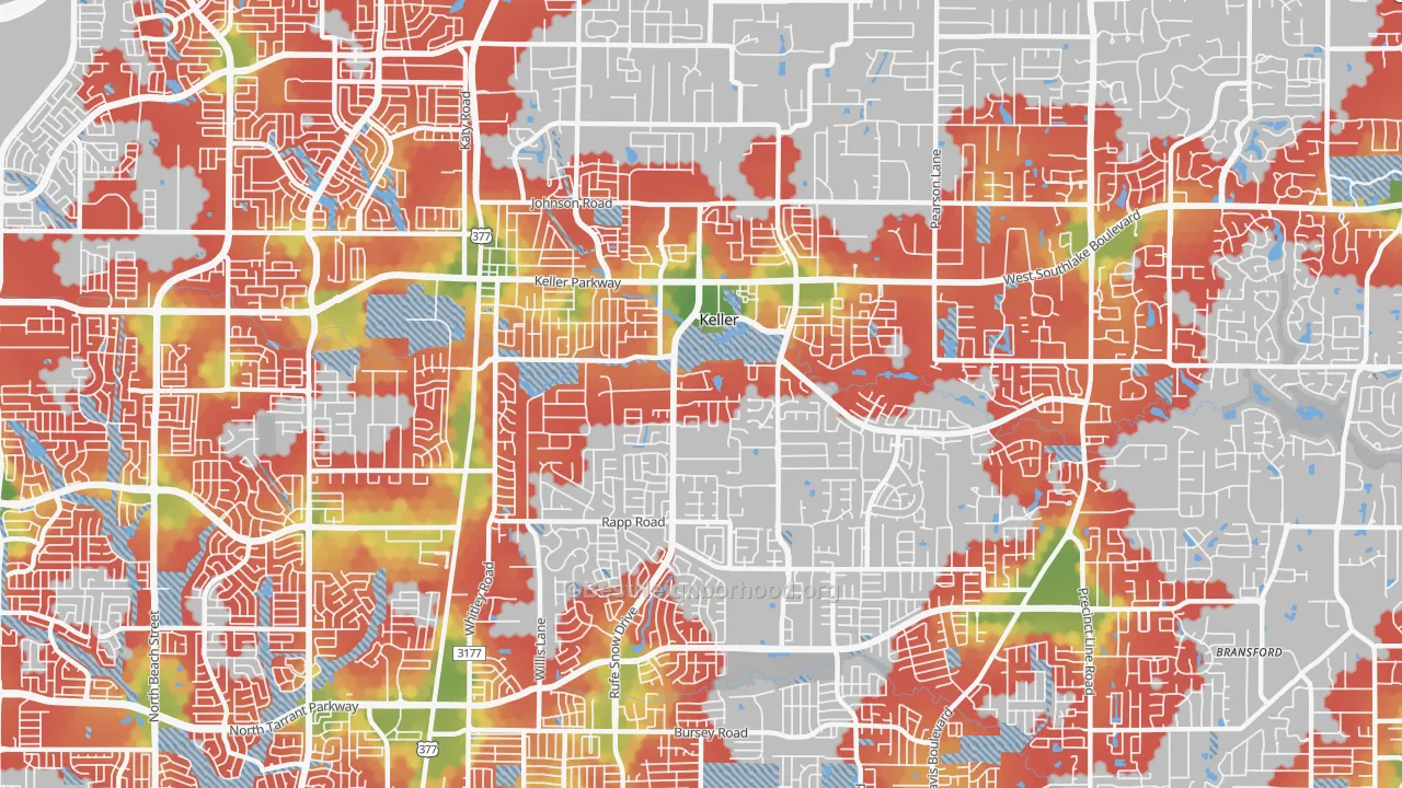 Walk Grade map of 76248, TX, walkable areas in green and car-dependent areas in red