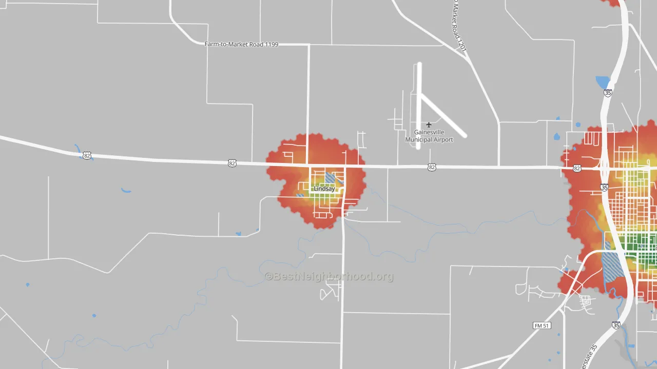 Walk Grade map of 76250, TX, walkable areas in green and car-dependent areas in red