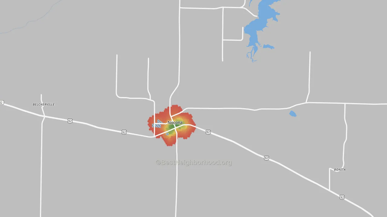 Walk Grade map of 76255, TX, walkable areas in green and car-dependent areas in red