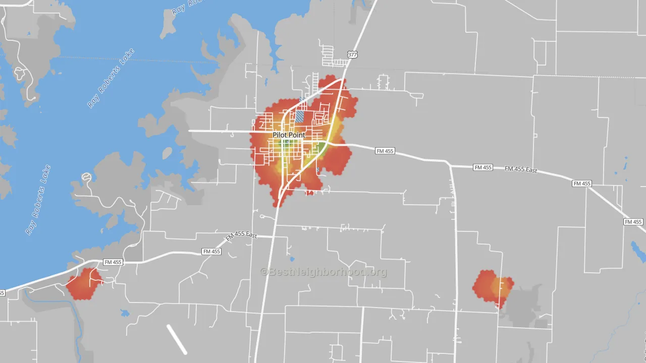 Walk Grade map of 76258, TX, walkable areas in green and car-dependent areas in red