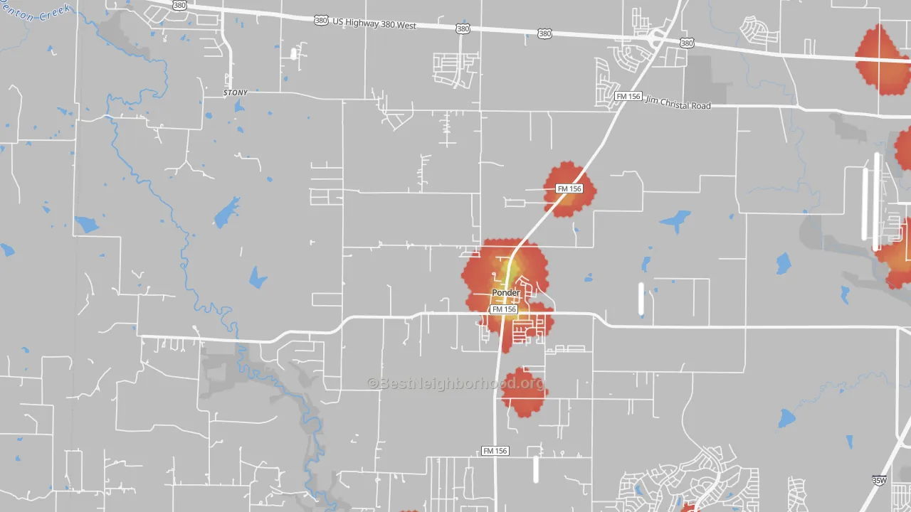 Walk Grade map of 76259, TX, walkable areas in green and car-dependent areas in red