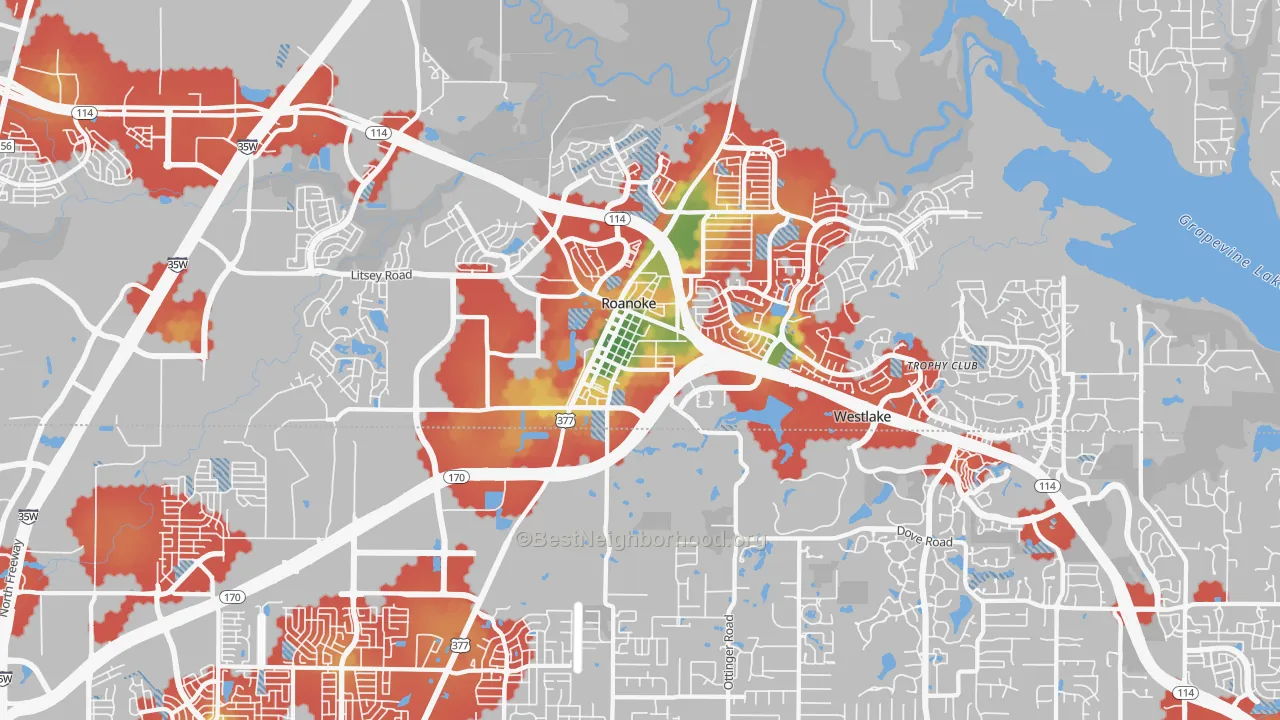 Walk Grade map of 76262, TX, walkable areas in green and car-dependent areas in red