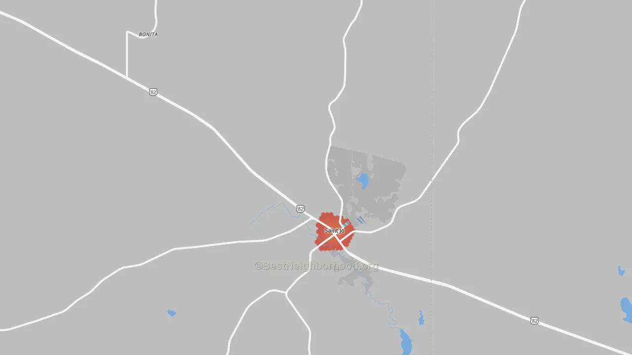 Walk Grade map of 76265, TX, walkable areas in green and car-dependent areas in red