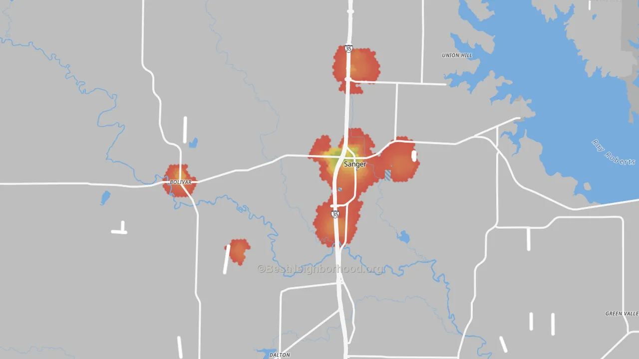 Walk Grade map of 76266, TX, walkable areas in green and car-dependent areas in red