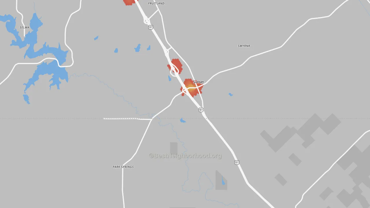 Walk Grade map of 76270, TX, walkable areas in green and car-dependent areas in red