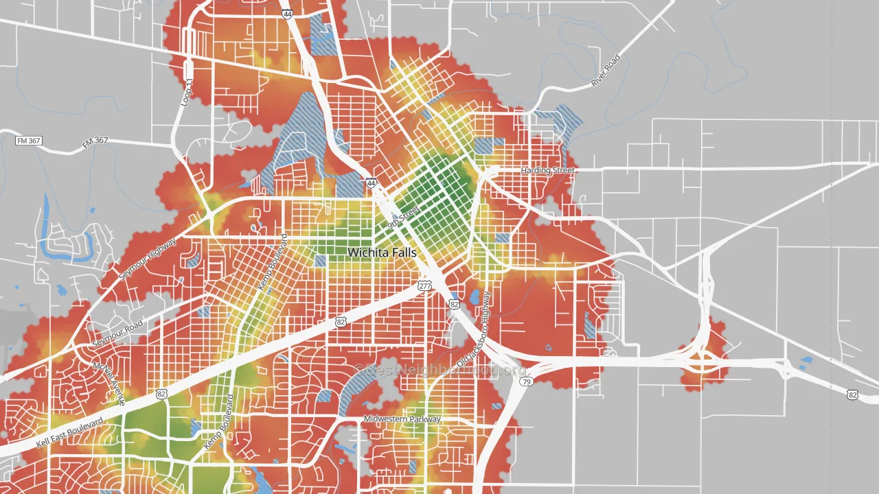Walk Grade map of 76301, TX, walkable areas in green and car-dependent areas in red
