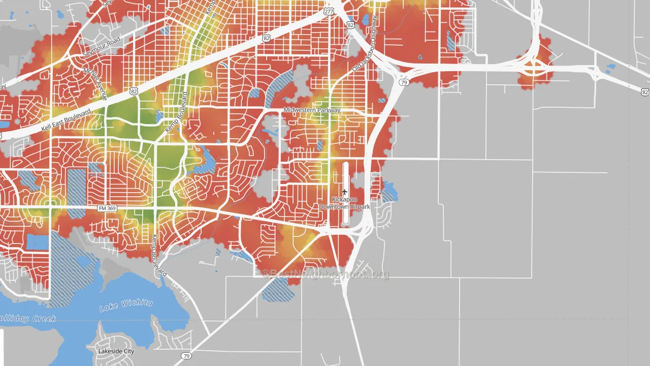 Walk Grade map of 76302, TX, walkable areas in green and car-dependent areas in red