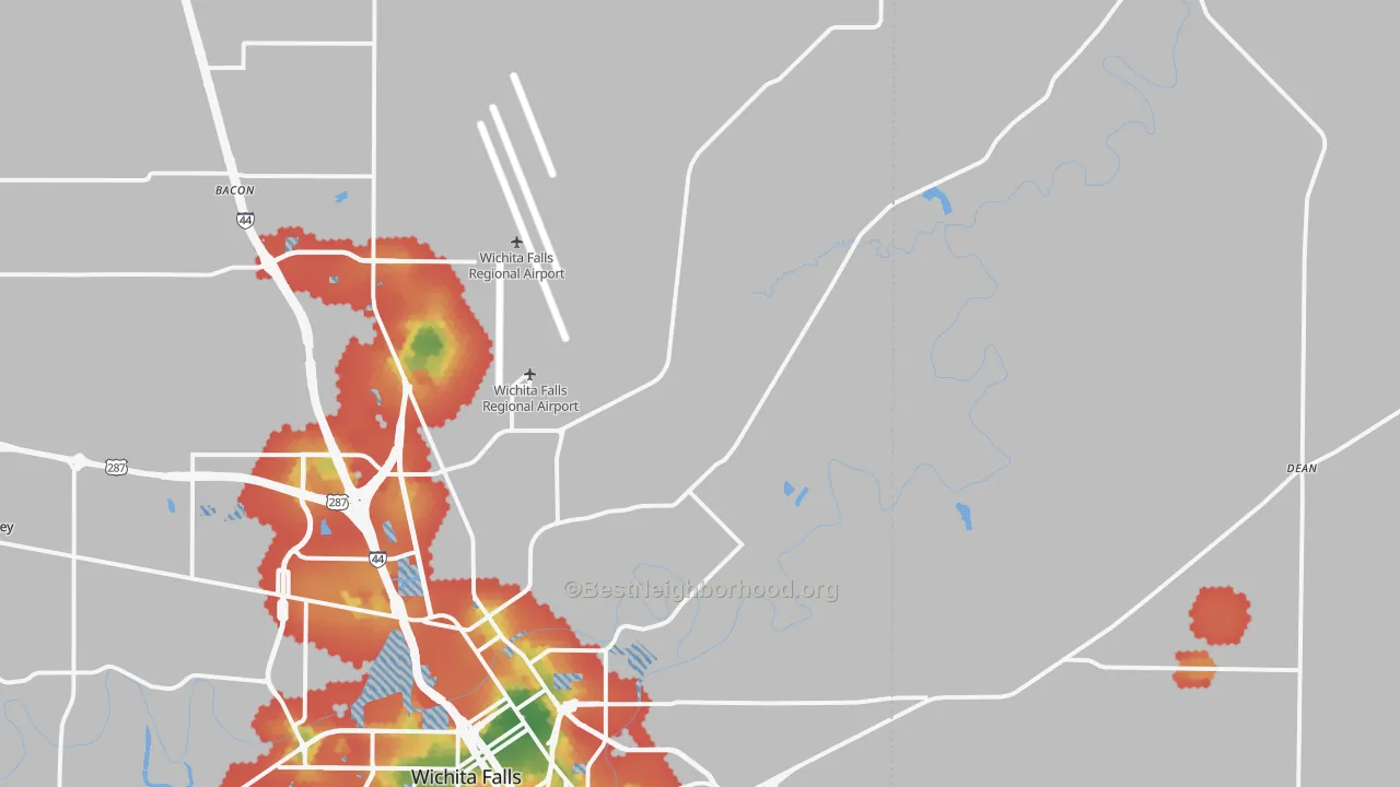 Walk Grade map of 76305, TX, walkable areas in green and car-dependent areas in red