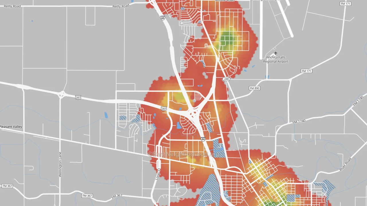 Walk Grade map of 76306, TX, walkable areas in green and car-dependent areas in red