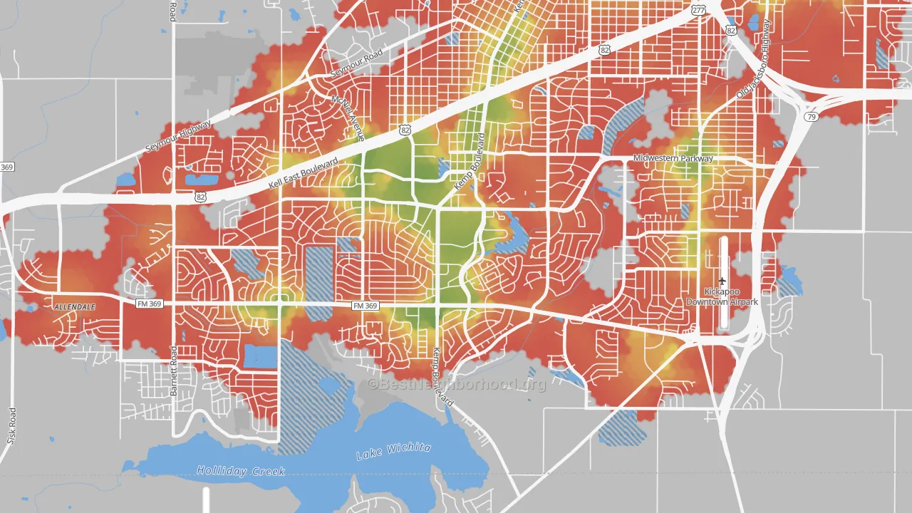 Walk Grade map of 76308, TX, walkable areas in green and car-dependent areas in red