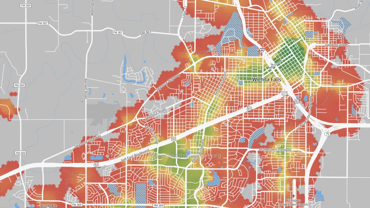 Walk Grade map of 76309, TX, walkable areas in green and car-dependent areas in red