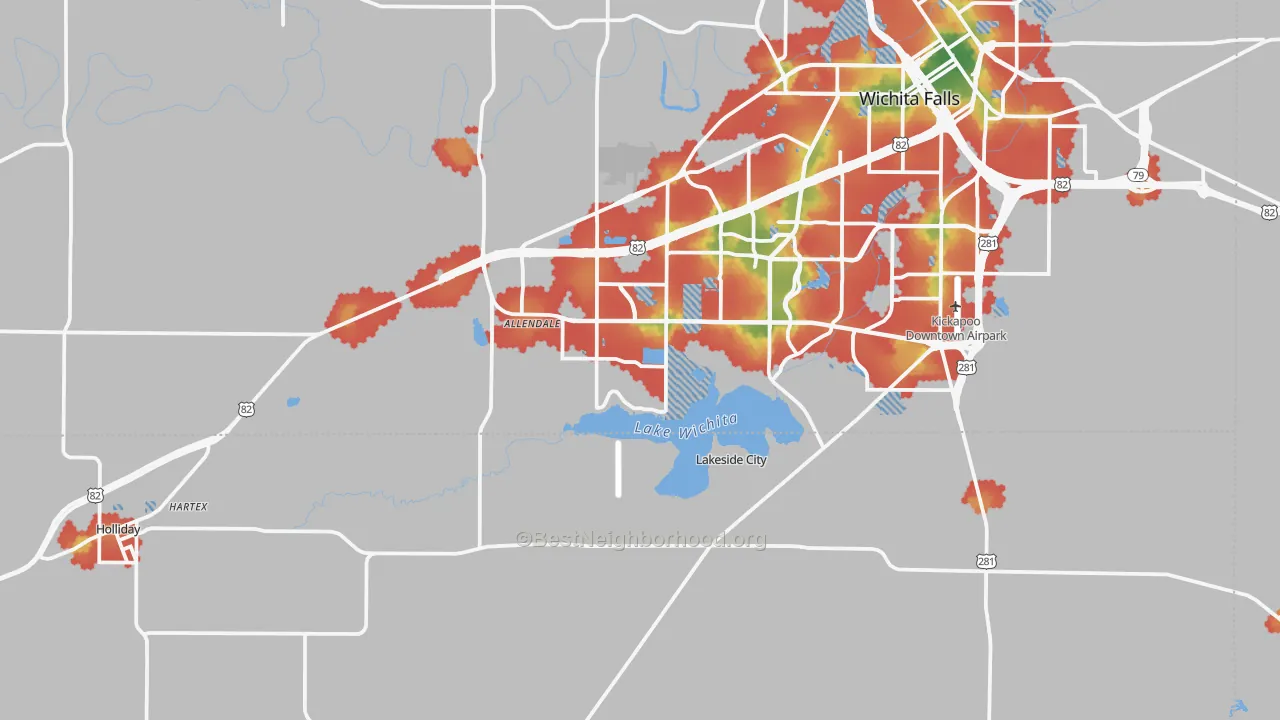 Walk Grade map of 76310, TX, walkable areas in green and car-dependent areas in red