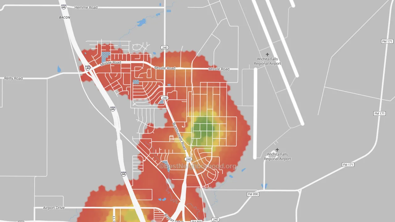Walk Grade map of 76311, TX, walkable areas in green and car-dependent areas in red