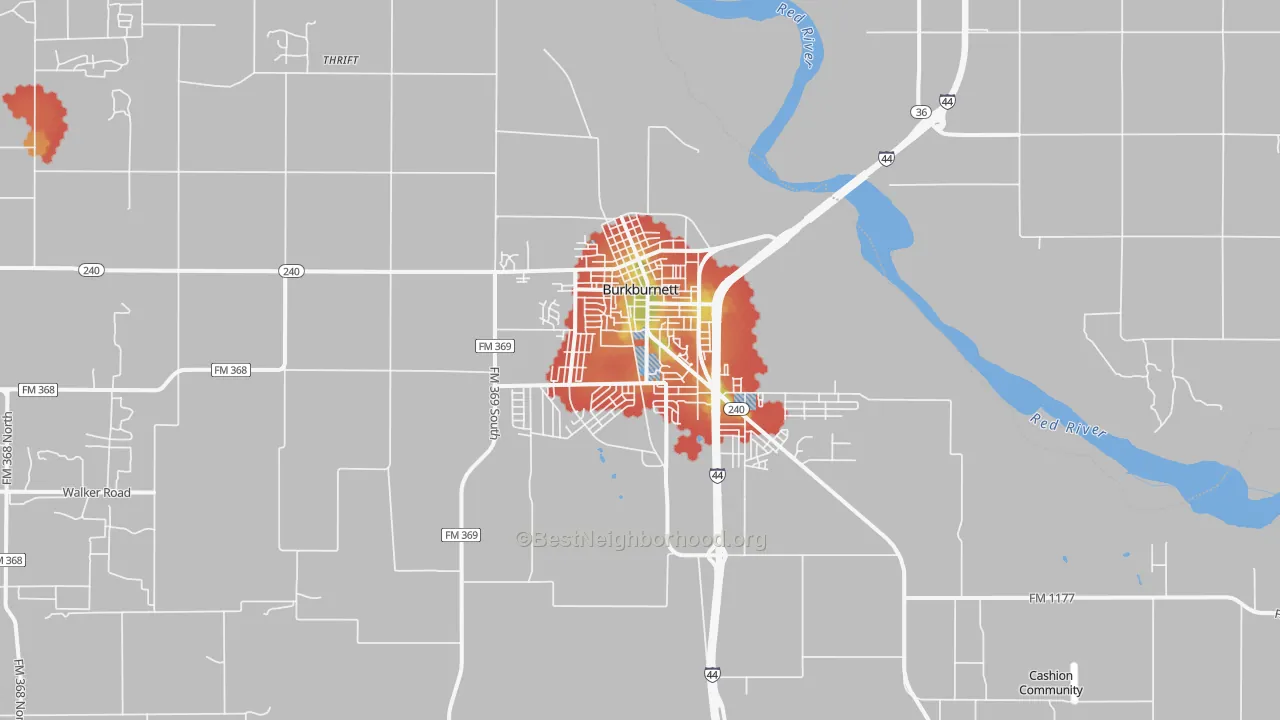 Walk Grade map of 76354, TX, walkable areas in green and car-dependent areas in red