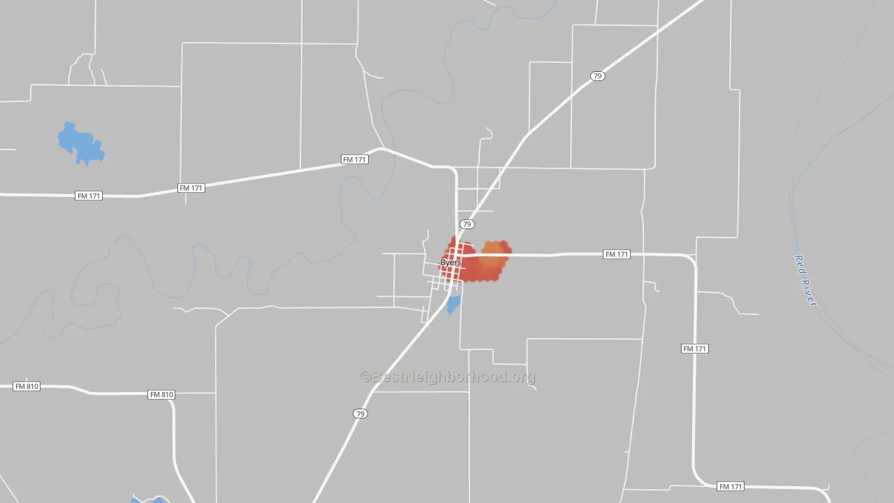 Walk Grade map of 76357, TX, walkable areas in green and car-dependent areas in red