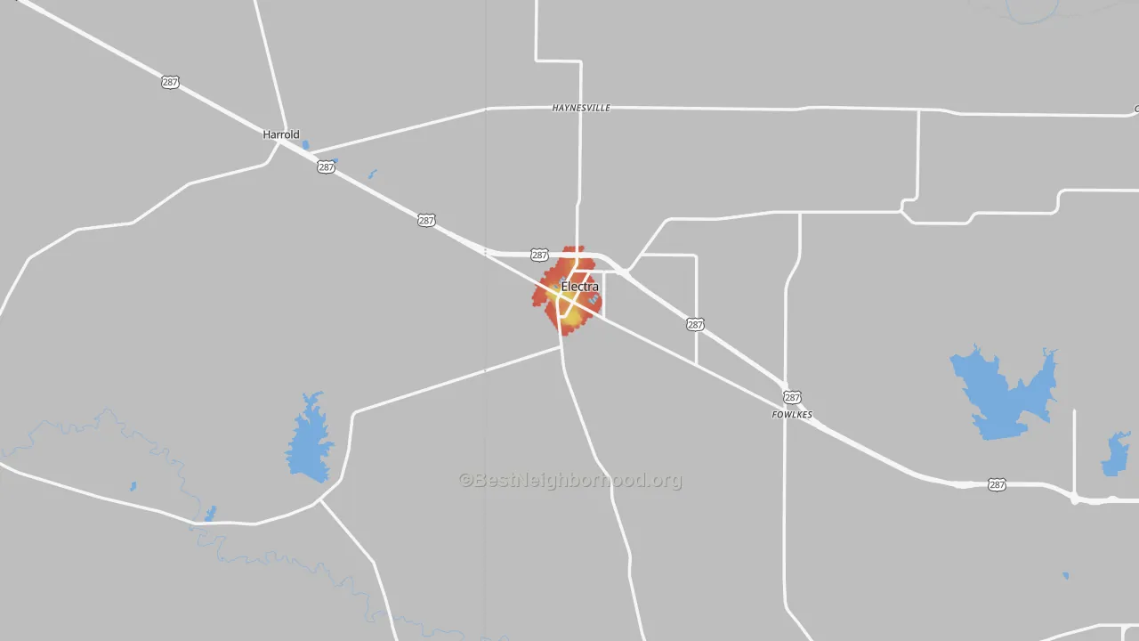 Walk Grade map of 76360, TX, walkable areas in green and car-dependent areas in red