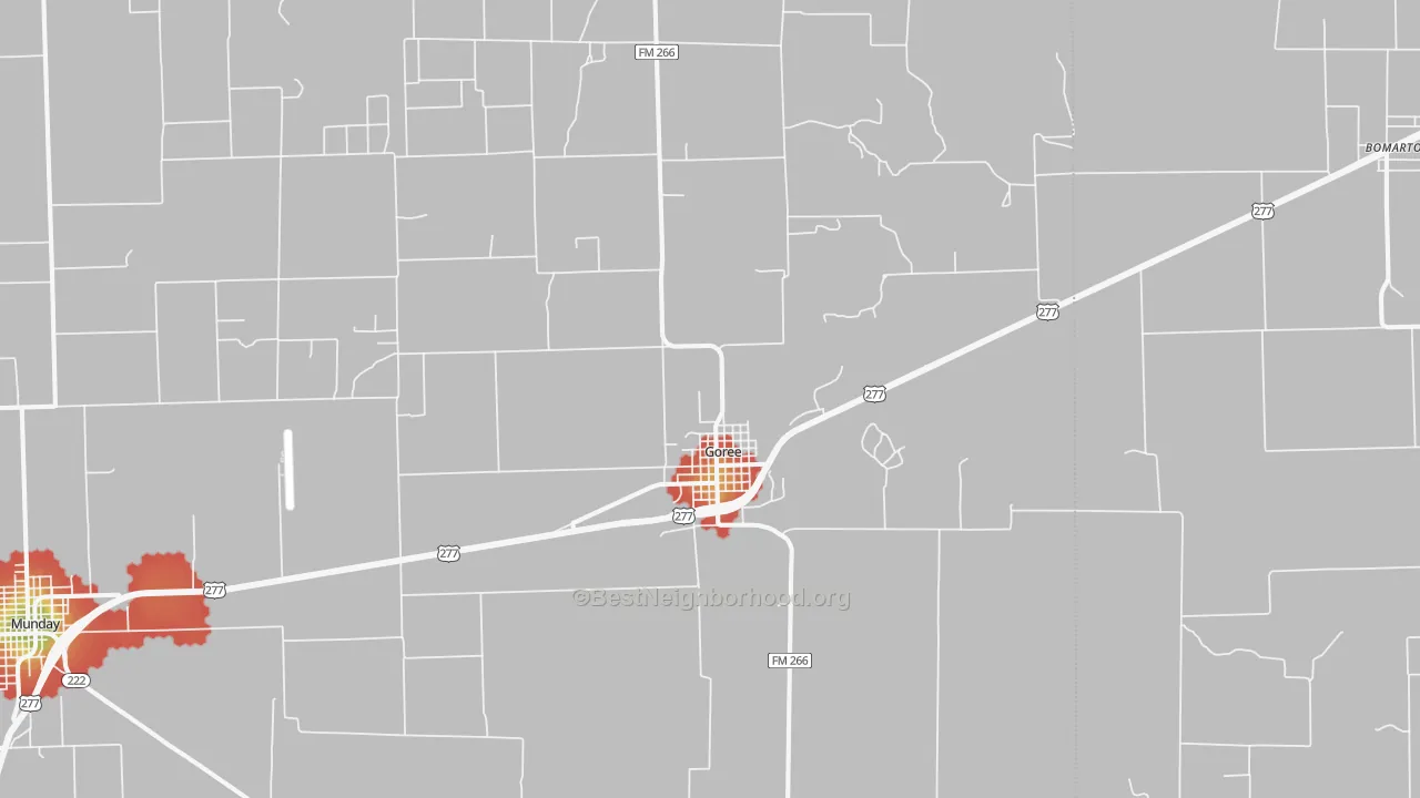 Walk Grade map of 76363, TX, walkable areas in green and car-dependent areas in red