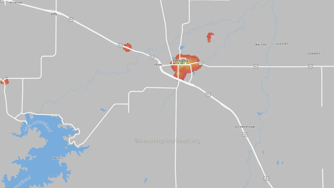 Walk Grade map of 76365, TX, walkable areas in green and car-dependent areas in red