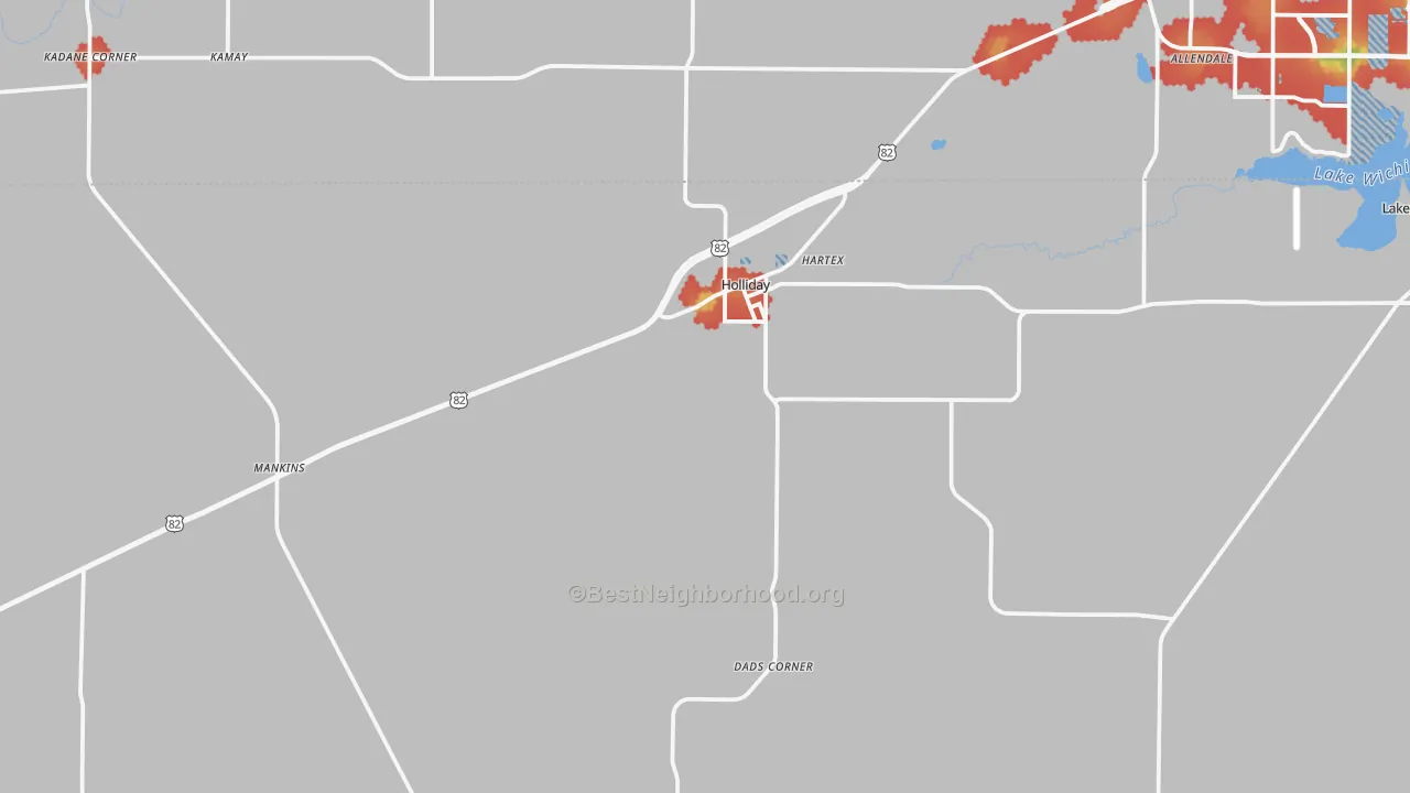 Walk Grade map of 76366, TX, walkable areas in green and car-dependent areas in red