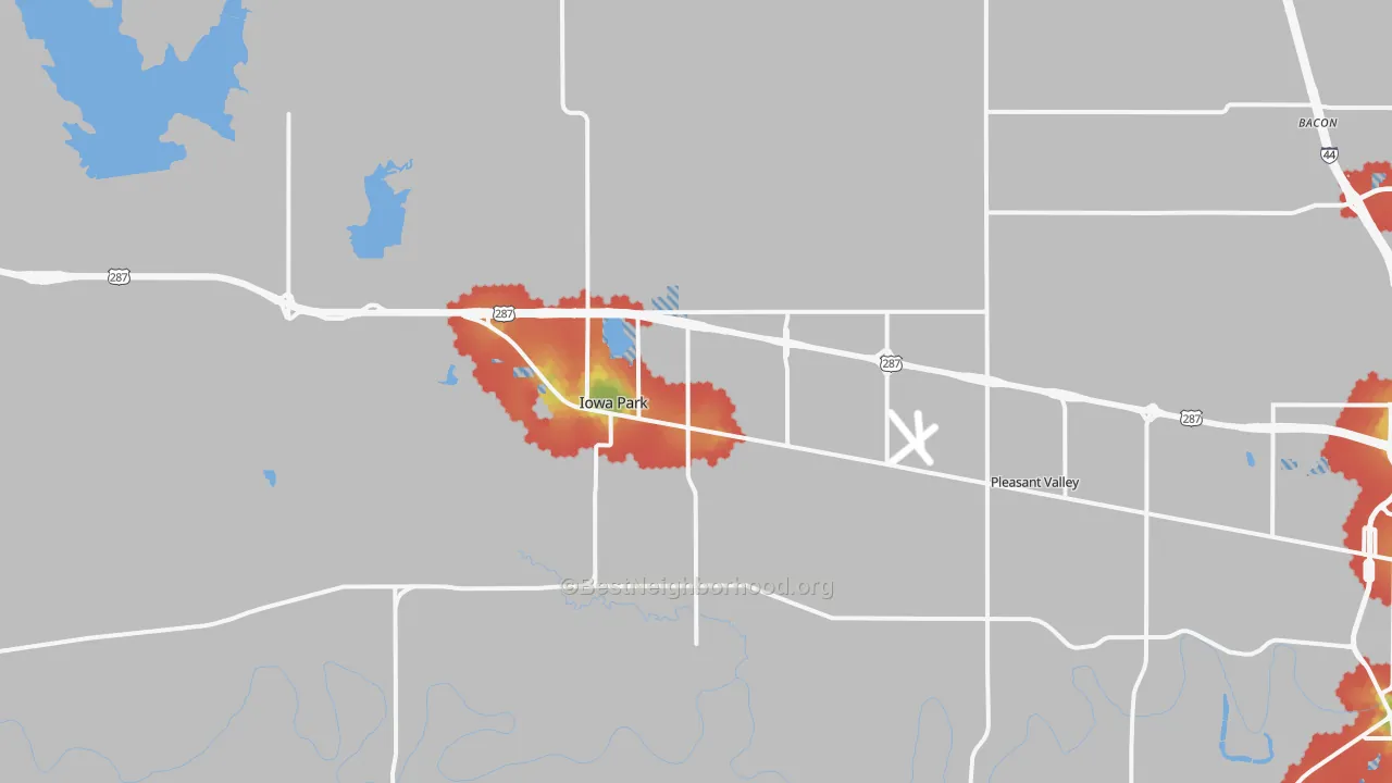 Walk Grade map of 76367, TX, walkable areas in green and car-dependent areas in red